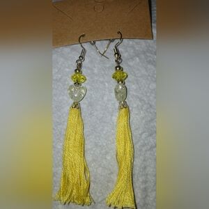 NWT Handcrafted Lemon Yellow Glass Heart Tassel Earrings w/Silver Accents